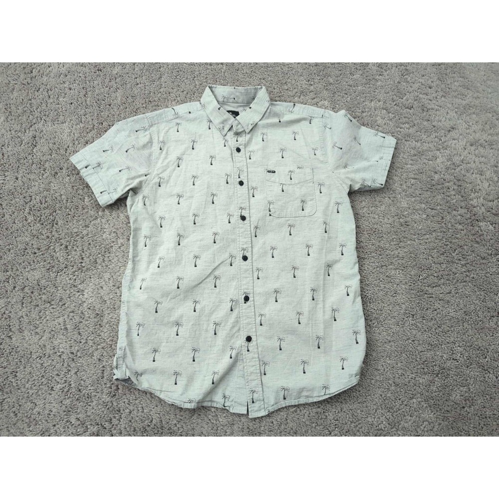 Rip Curl Button Up Shirt Mens S Gray Short Sleeve Tropical‎ Palm Tree